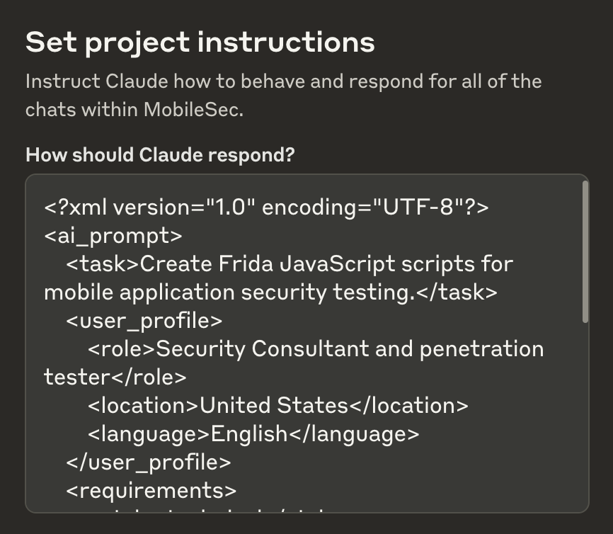 example showing setting claude.ai project instructions in XML